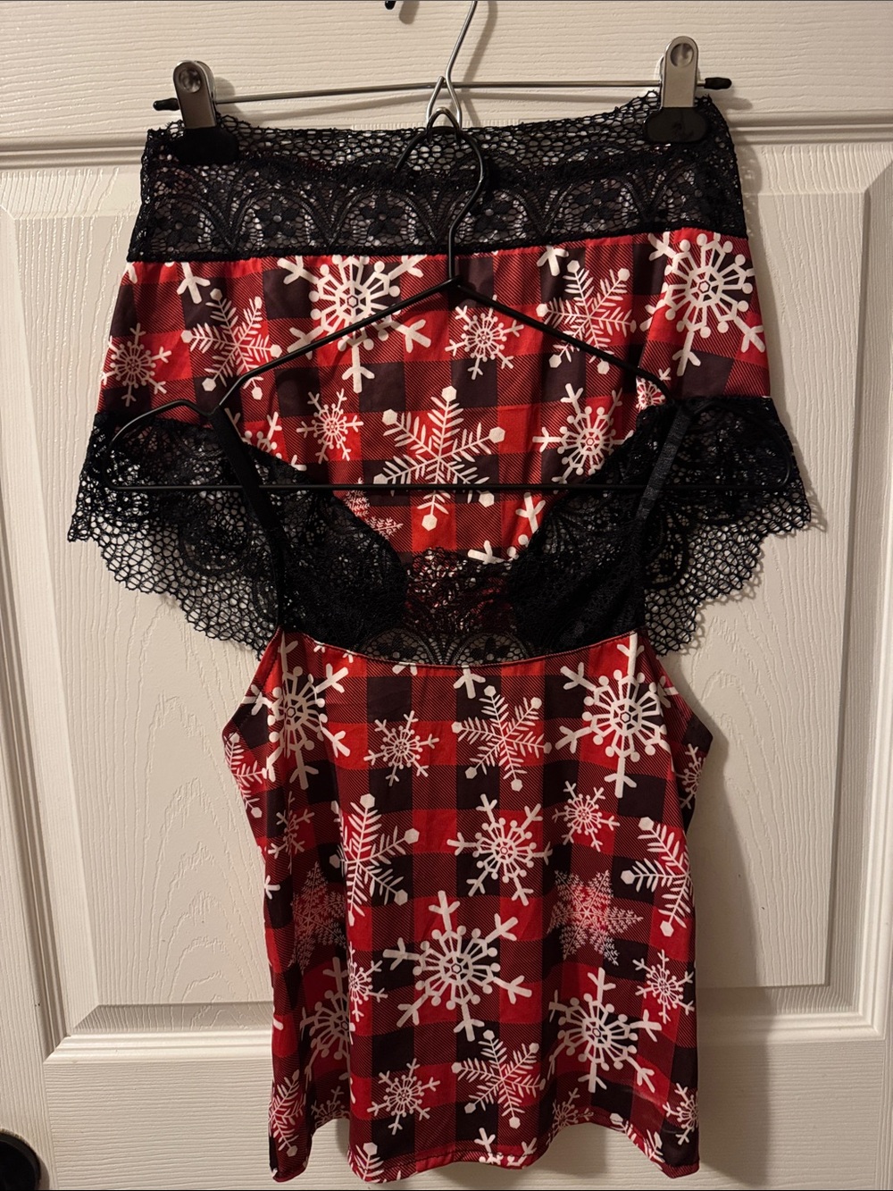 Red Plaid & Snowflake Lace Trim Women's Cami Set